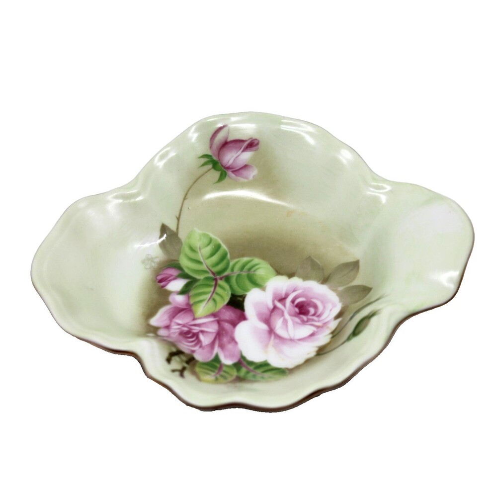 Lefton Bone China Heritage Green Cabbage Rose 1860 Candy Trinket Dish 05862